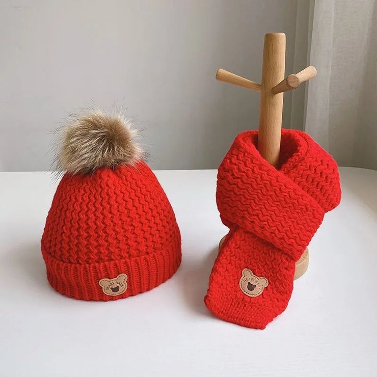 Bonnet Bebe Pompon Hiver + Écharpe Rouge - Mon Petit Chapeau