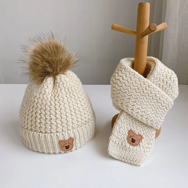 Bonnet Bebe Pompon Hiver + Écharpe Beige - Mon Petit Chapeau