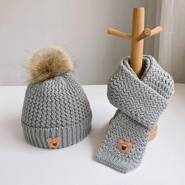 Bonnet Bebe Pompon Hiver + Écharpe Gris - Mon Petit Chapeau