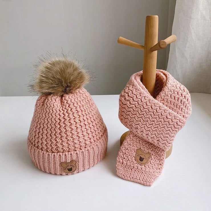 Bonnet Bebe Pompon Hiver + Écharpe Rose - Mon Petit Chapeau